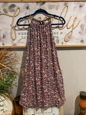 Michael Kors Navy Floral Halter Dress with Pink and Orange Accents